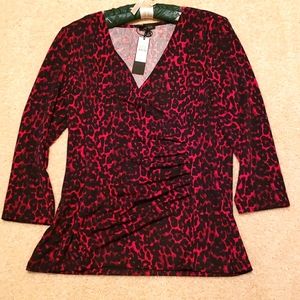 Talbots M NWT, red/black leopard print V-neck top,  front ruching, 3/4 sleeves